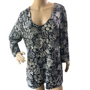 Apostrophe Womens Black White Floral Long Sleeve V-Neck Blouse Size XL